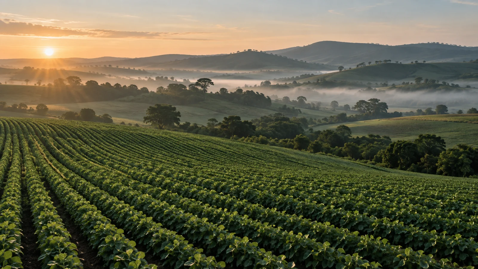 Cultivo em uma paisagem rural ao nascer do sol