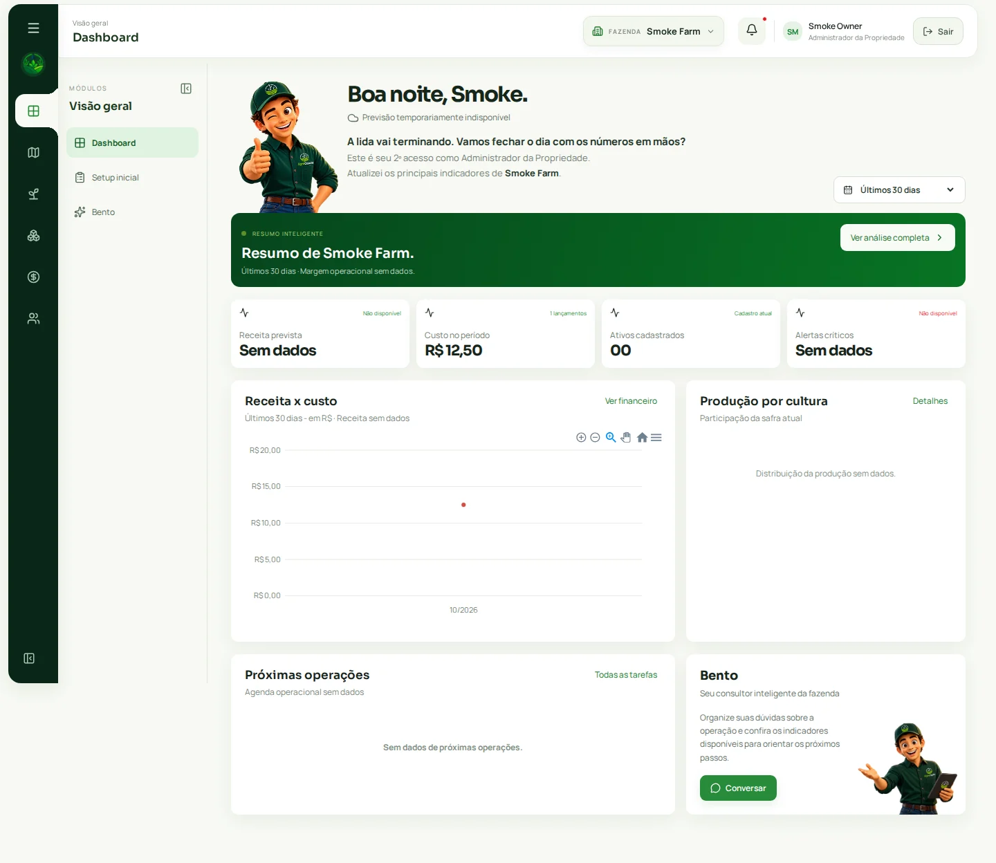Tela real do painel AgroCopilot com menu, resumo da fazenda e indicadores demonstrativos